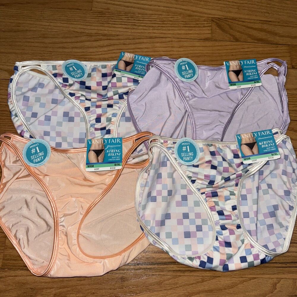NWT 4 Vanity Fair String BIKINI Panties Illumination Nylon 18108 womens  8/XL